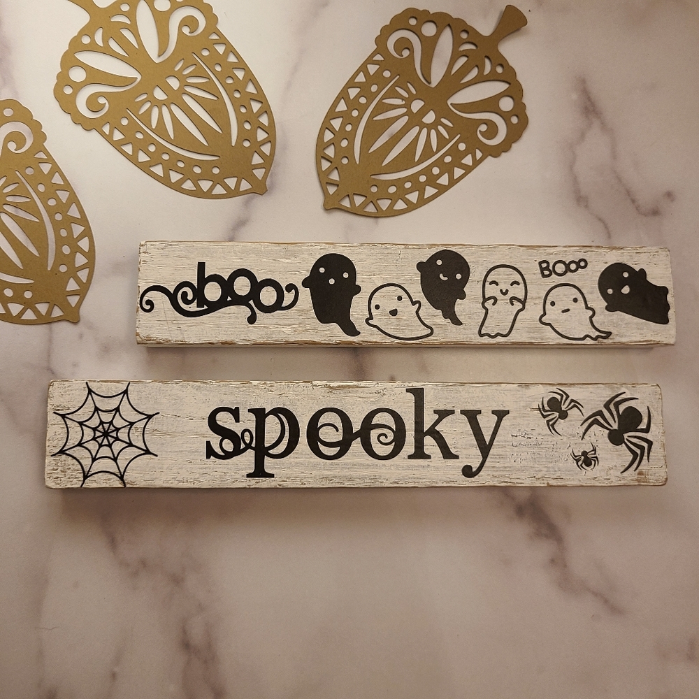 2 Halloween decorative signs. Hand crafted.  Wood and vinyl.